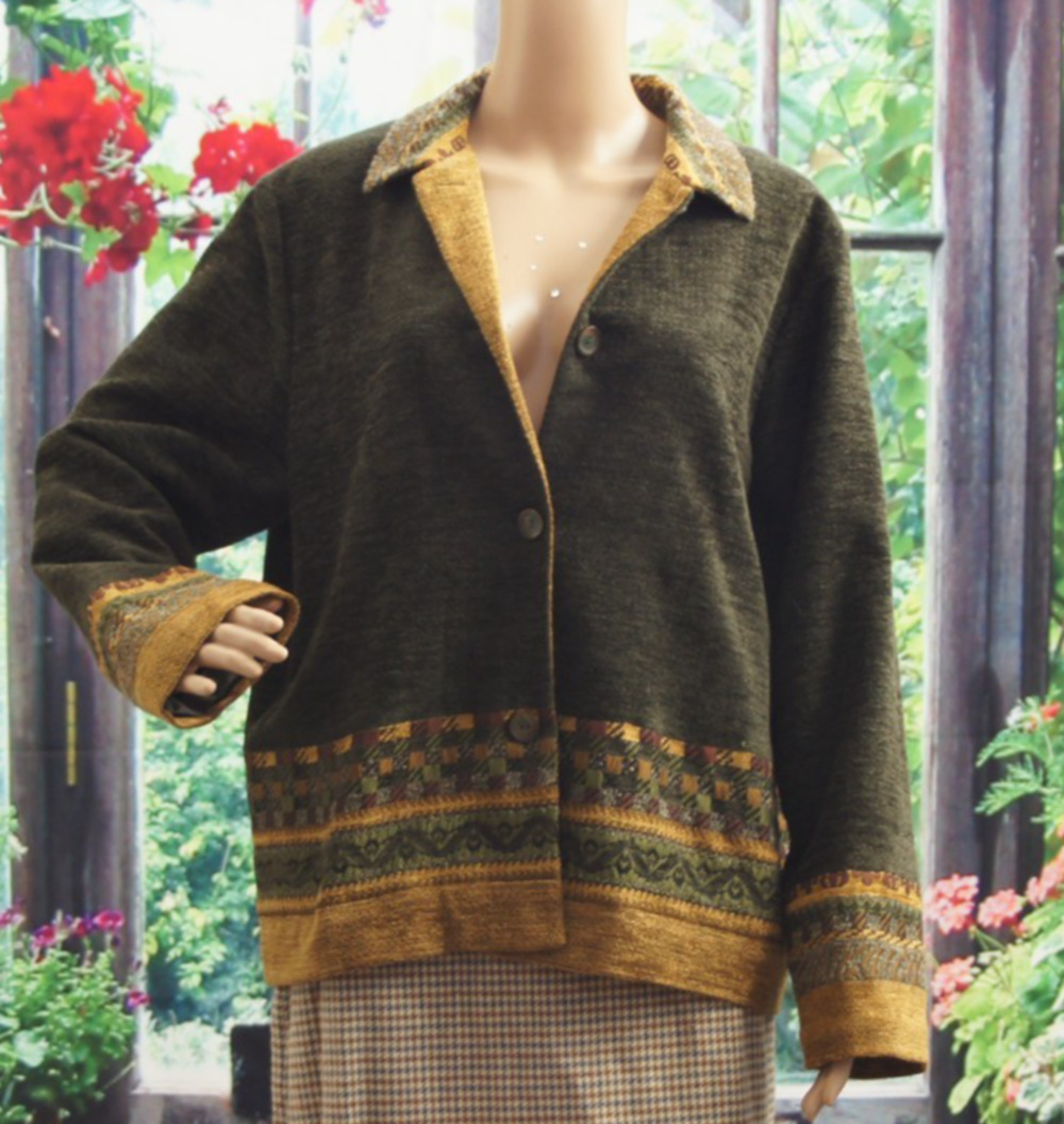 Coldwater Creek Women's Geometric Patterned Trim Button Jacket Green Gold L